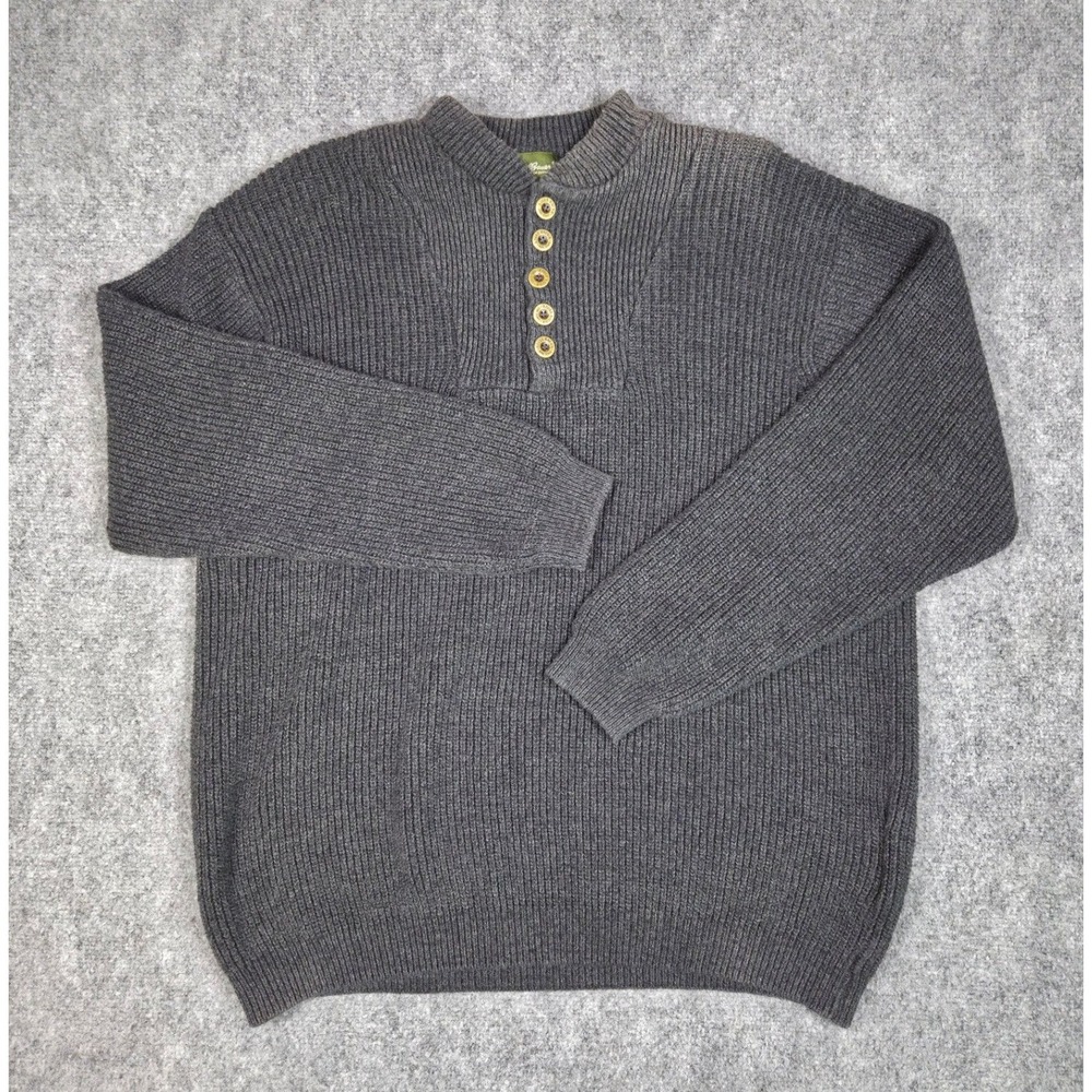 Vintage‎ Eddie Bauer Henley Sweater Mens XL Gray Cotton Blend Ribbed Knit